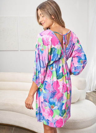 White Birch Full Size Printed V-Neck Tie Back Mini Dress - MimiStylez
