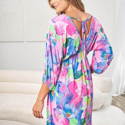 White Birch Full Size Printed V-Neck Tie Back Mini Dress - MimiStylez