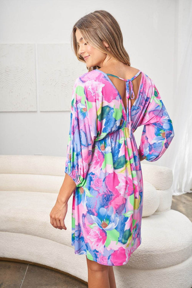 White Birch Full Size Printed V-Neck Tie Back Mini Dress - MimiStylez