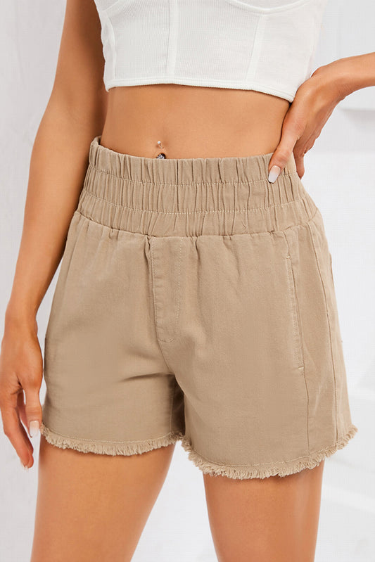 Khaki Smocked Elastic High Waist Casual Shorts