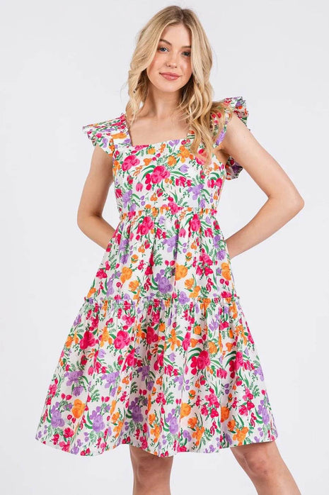 Mittoshop Flower Print Ruffle Shoulder A-line Mini Dress - MimiStylez