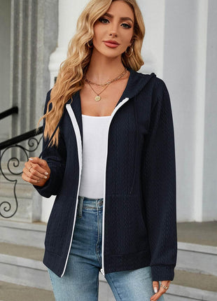 Drawstring Zip Up Long Sleeve Hoodie - MimiStylez