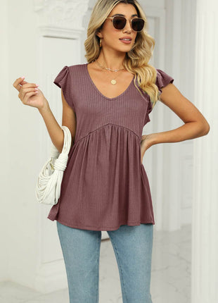 V-Neck Flutter Sleeve Babydoll Blouse - MimiStylez