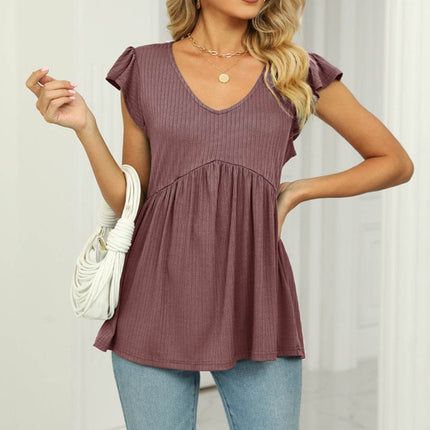 V-Neck Flutter Sleeve Babydoll Blouse - MimiStylez