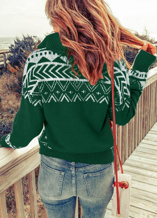 Zip-Up Mock Neck Dropped Shoulder Pullover Sweater - MimiStylez