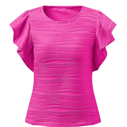 Textured Round Neck Cap Sleeve Top - MimiStylez