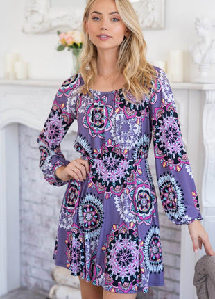 White Birch Printed Long Sleeve Mini Dress with Short Liner - MimiStylez