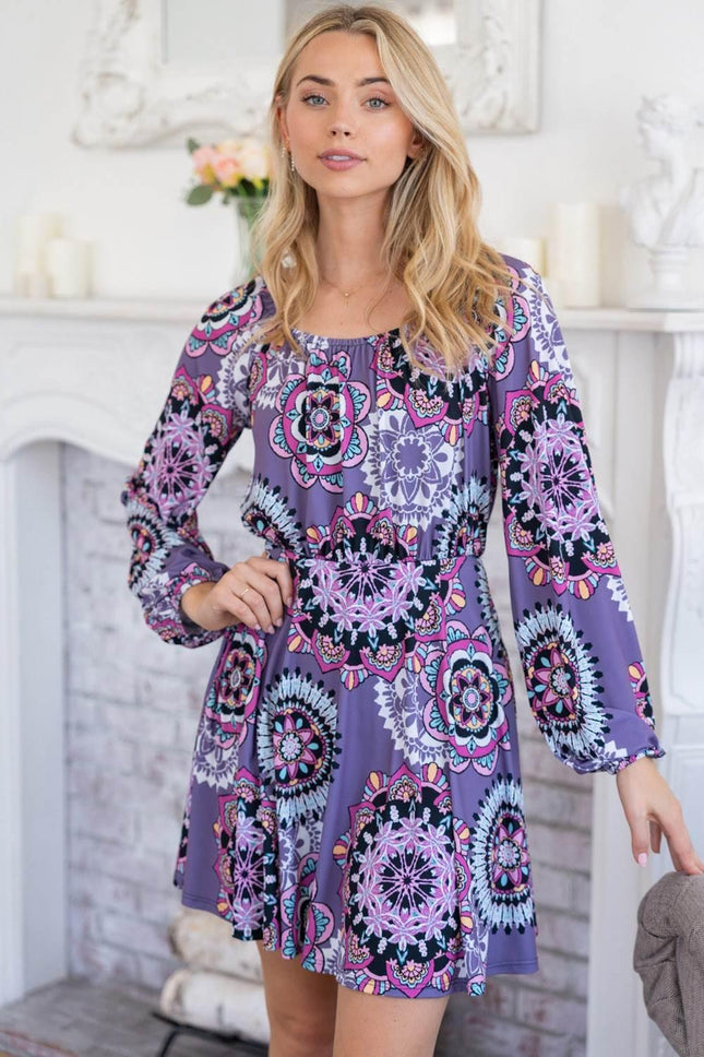 White Birch Printed Long Sleeve Mini Dress with Short Liner - MimiStylez