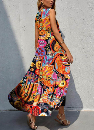 Tiered Printed V-Neck Sleeveless Dress - MimiStylez