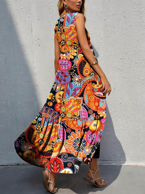 Tiered Printed V-Neck Sleeveless Dress - MimiStylez