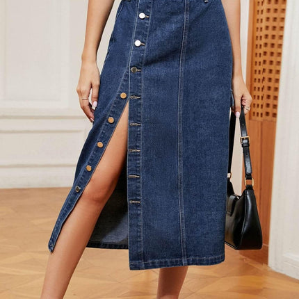 Button Down Midi Denim Skirt - MimiStylez