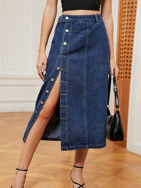 Button Down Midi Denim Skirt - MimiStylez