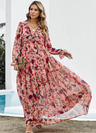 Floral Frill Trim Flounce Sleeve Plunge Maxi Dress - MimiStylez