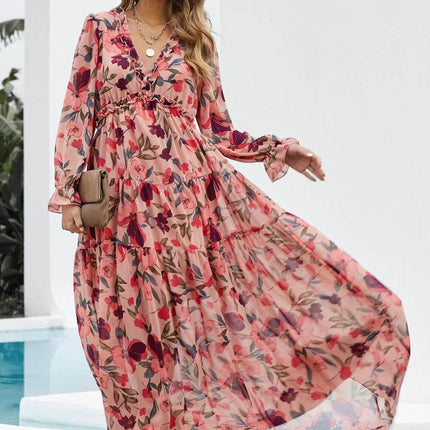 Floral Frill Trim Flounce Sleeve Plunge Maxi Dress - MimiStylez