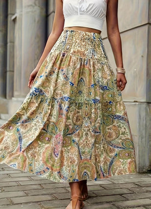 Full Size Tiered Smocked Printed High Waist Skirt - MimiStylez