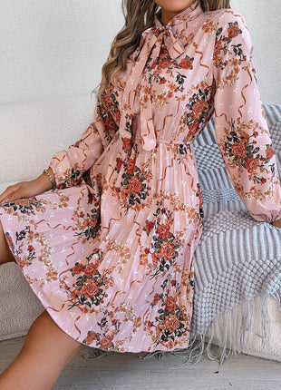 Pleated Printed Tie Neck Long Sleeve Dress - MimiStylez