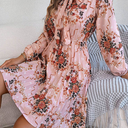 Pleated Printed Tie Neck Long Sleeve Dress - MimiStylez