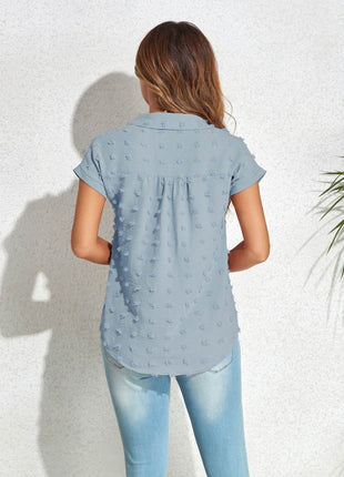 Swiss Dot Button Up Cap Sleeve Shirt - MimiStylez