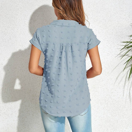 Swiss Dot Button Up Cap Sleeve Shirt - MimiStylez