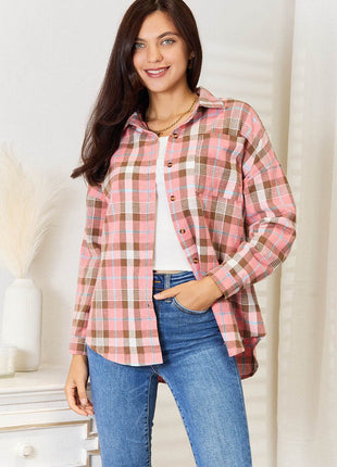 Double Take Plaid Collared Neck Long Sleeve Button-Up Shirt - MimiStylez