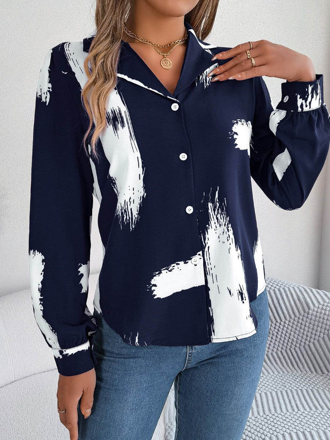 Printed Collared Neck Button Up Shirt - MimiStylez