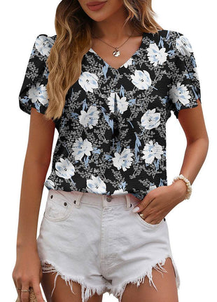 Women's Casual V-neck Chiffon Shirt Puffed Sleeve - MimiStylez