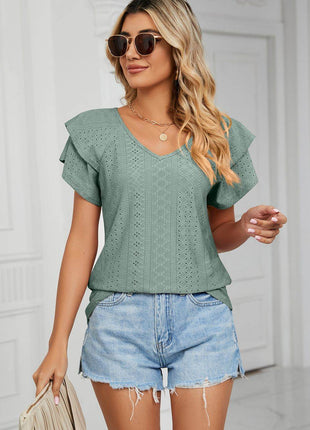 Eyelet Layered Flutter Sleeve V-Neck Knit Top - MimiStylez