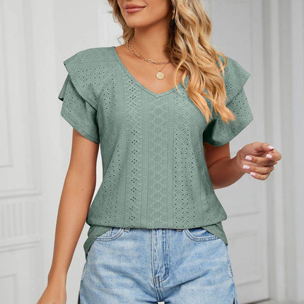 Eyelet Layered Flutter Sleeve V-Neck Knit Top - MimiStylez