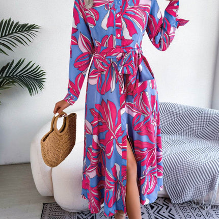 Tied Button Up Long Sleeve Dress - MimiStylez