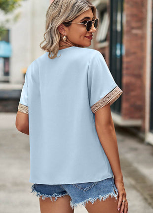 Openwork V-Neck Short Sleeve T-Shirt - MimiStylez