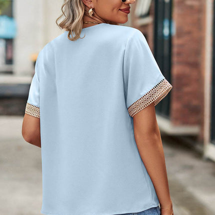Openwork V-Neck Short Sleeve T-Shirt - MimiStylez