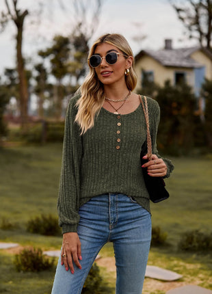 Round Neck Button-Down Long Sleeve Tee - MimiStylez