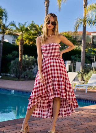 BiBi Smocked Body Off Shoulder Check Dress - MimiStylez