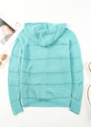 Zip-Up Raglan Sleeve Openwork Hooded Cardigan - MimiStylez