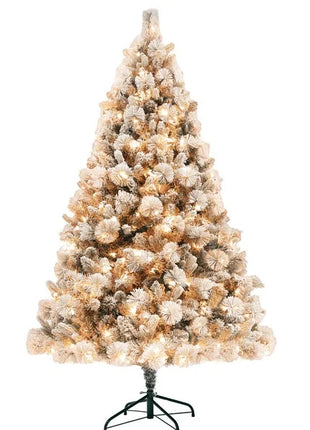 6.5 Ft Pre-Lit Flocked Christmas Tree With 350 Clear Lights And 1107 Tips, With Metal Stand, Hinged Xmas Tree
