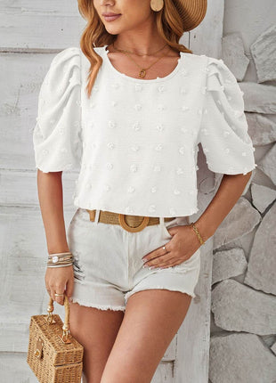 Swiss Dot Round Neck Short Sleeve Blouse - MimiStylez