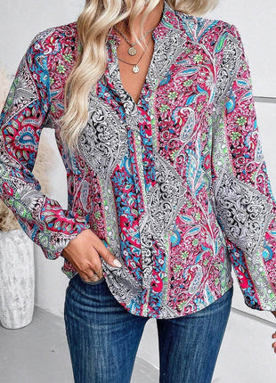 Printed Notched Long Sleeve Shirt - MimiStylez