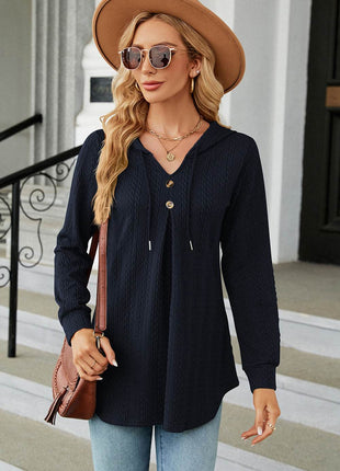 Decorative Button Drawstring Long Sleeve Hoodie - MimiStylez