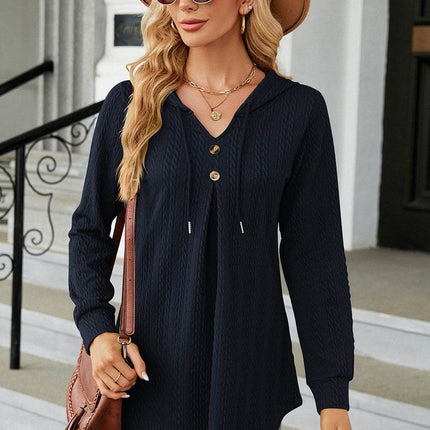 Decorative Button Drawstring Long Sleeve Hoodie - MimiStylez