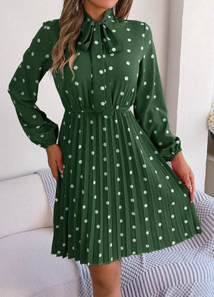 Polka Dot Tie Neck Pleated Dress - MimiStylez