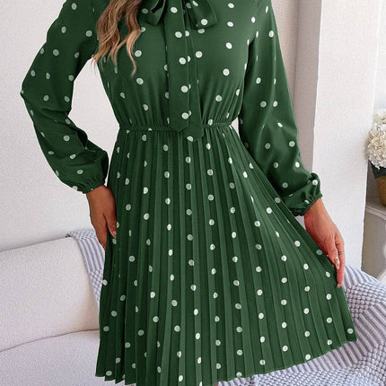 Polka Dot Tie Neck Pleated Dress - MimiStylez