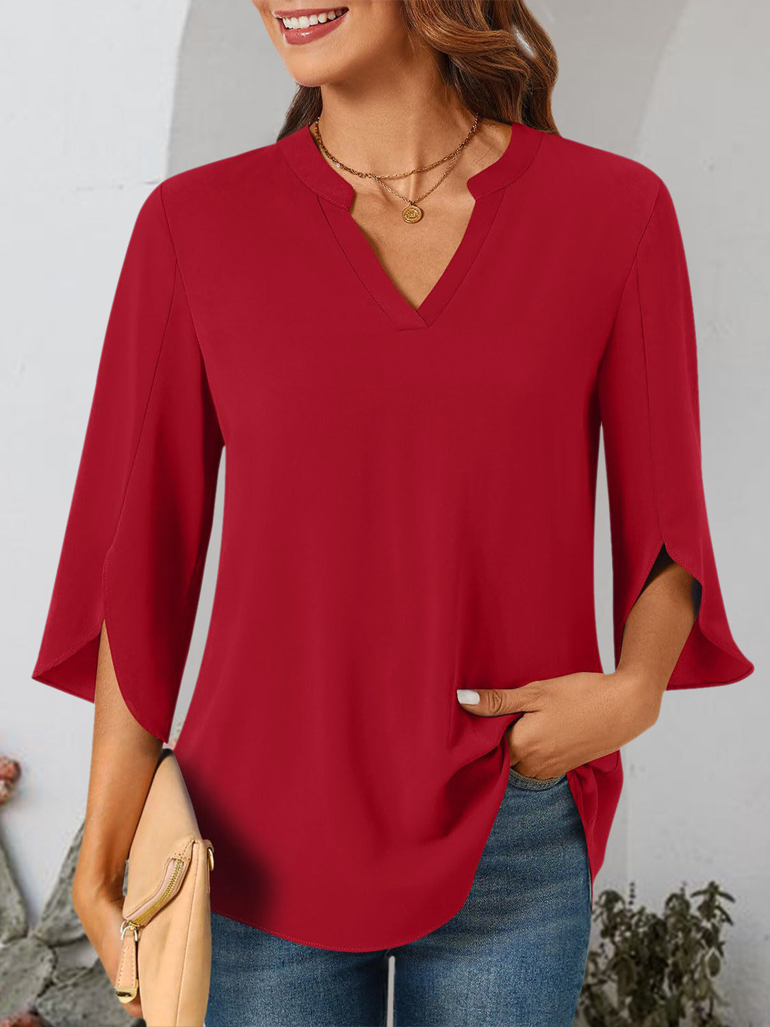 Notched Slit Half Sleeve Blouse