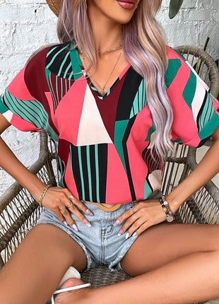 Printed V-Neck Short Sleeve Blouse - MimiStylez