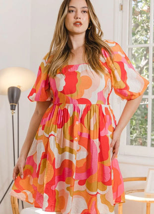 ODDI Full Size Printed Tied Back Short Sleeve Mini Dress - MimiStylez