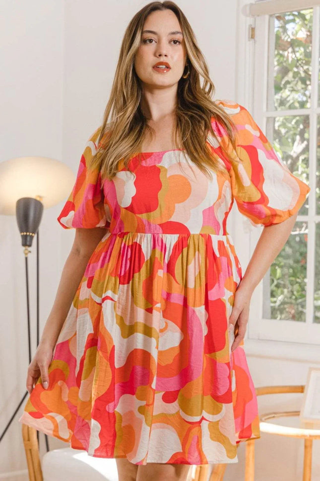 ODDI Full Size Printed Tied Back Short Sleeve Mini Dress - MimiStylez