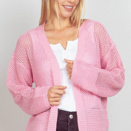 VERY J Eyelet Open Front Long Sleeve Cardigan - MimiStylez