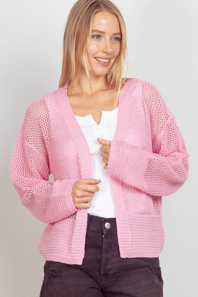 VERY J Eyelet Open Front Long Sleeve Cardigan - MimiStylez