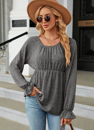 Round Neck Flounce Sleeve Blouse - MimiStylez