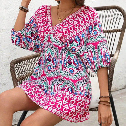 Printed Tie Back Half Sleeve Mini Dress - MimiStylez