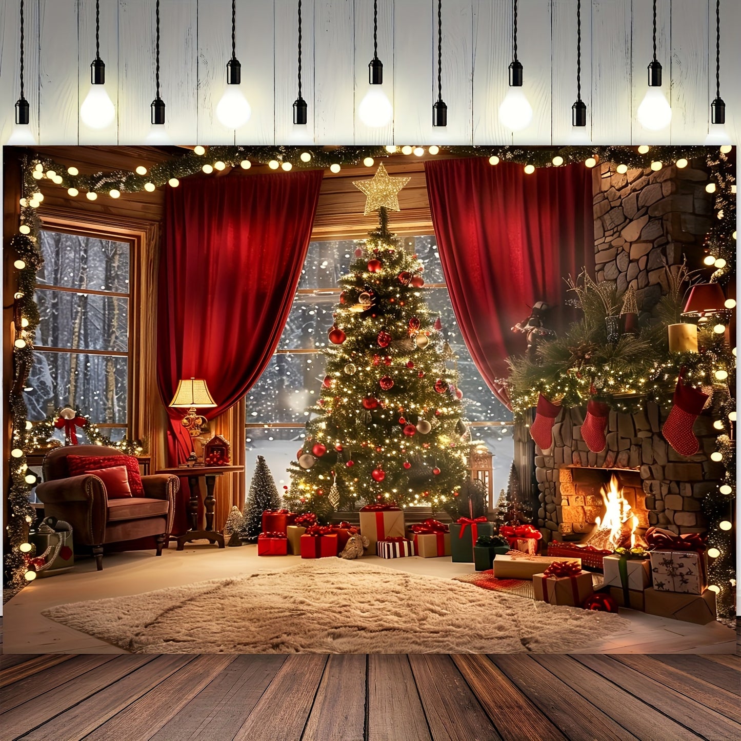 1pc Festive Christmas Tree & Fireplace Polyester Backdrop for Holiday Photography and Party Decoration - Multifunctional Banner Without Electricity, Suitable for Various Occasions